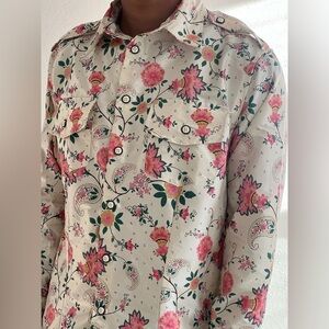 House of Aama Mens 100% Silk Paisley Floral Button Up Western Shirt Small New